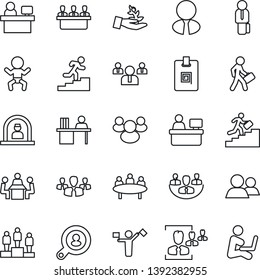 Thin Line Icon Set - dispatcher vector, baby, reception, pedestal, team, meeting, manager place, group, company, identity card, hr, desk, career ladder, client search, estate agent, palm sproute