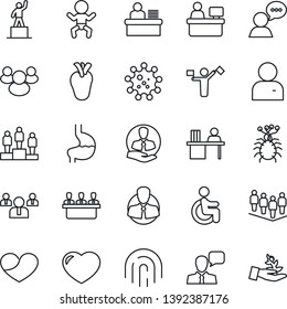 Thin Line Icon Set - dispatcher vector, baby, pedestal, team, manager place, disabled, stomach, real heart, virus, client, speaker, group, user, fingerprint id, desk, meeting, palm sproute