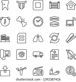 Thin Line Icon Set - dispatcher vector, wireless notebook, pennant, document, diagnosis, lungs, caries, broken bone, sea shipping, car delivery, container, package, radio, stop button, alarm, mute