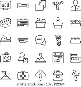 Thin Line Icon Set - dispatcher vector, reception, bed, manager place, statistic monitor, house, seedling, patient, term, folder document, no hook, camera, dialog, user, calendar, news, steak, bowl