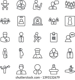 Thin Line Icon Set - dispatcher vector, female, baby, reception, team, doctor, pregnancy, client, speaker, identity card, manager, estate agent, waiter, cook, group, man with notebook, palm sproute