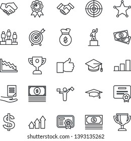 Thin Line Icon Set - dispatcher vector, dollar sign, pedestal, medal, graduate, document, cash, finger up, bar graph, target, handshake, police, arrow, money bag, crisis, certificate, award cup