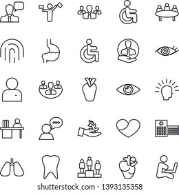 Thin Line Icon Set - dispatcher vector, pedestal, meeting, disabled, stomach, lungs, real heart, tooth, eye, hospital, client, speaker, user, fingerprint id, company, manager desk, group