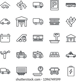 Thin Line Icon Set - dispatcher vector, taxi, airport bus, parking, alarm car, ladder, ambulance, route, railroad, truck trailer, delivery, heavy scales, garage, gate control, battery