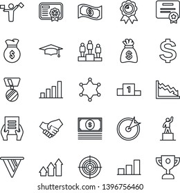 Thin Line Icon Set - dispatcher vector, dollar sign, pedestal, medal, graduate, money bag, document, bar graph, target, police, arrow up, handshake, pennon, crisis, cash, certificate, award cup