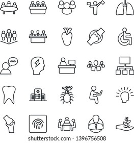 Thin Line Icon Set - dispatcher vector, brainstorm, meeting, manager place, disabled, lungs, real heart, tooth, joint, hospital, virus, client, speaker, group, fingerprint id, company, shining head