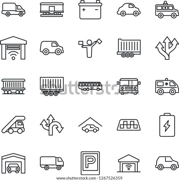 Thin Line Icon Set -\
dispatcher vector, taxi, airport bus, parking, ladder car,\
ambulance, route, railroad, truck trailer, delivery, garage, gate\
control, battery