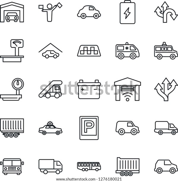Thin Line Icon Set\
- dispatcher vector, taxi, airport bus, parking, alarm car, ladder,\
ambulance, route, truck trailer, delivery, heavy scales, garage,\
gate control, battery