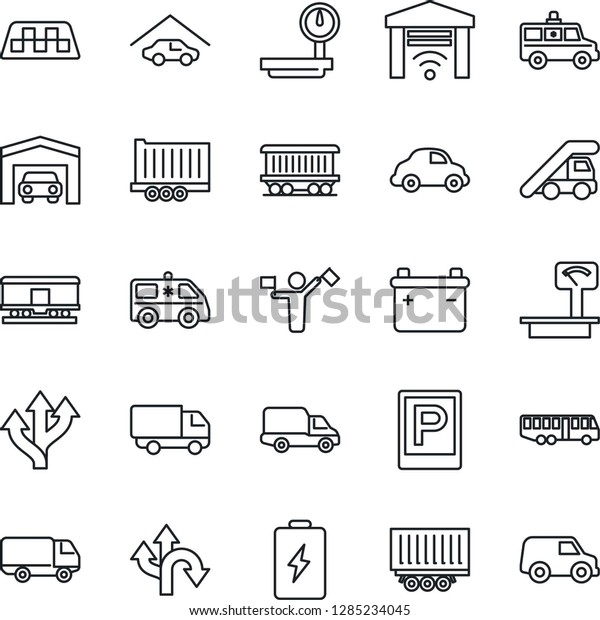 Thin Line\
Icon Set - dispatcher vector, taxi, airport bus, parking, ladder\
car, ambulance, route, railroad, truck trailer, delivery, heavy\
scales, garage, gate control,\
battery