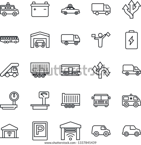 Thin Line Icon\
Set - dispatcher vector, airport bus, parking, alarm car, ladder,\
ambulance, route, truck trailer, delivery, heavy scales, railroad,\
garage, gate control,\
battery