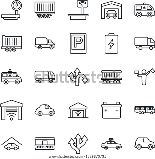 Thin Line Icon Set -\
dispatcher vector, airport bus, parking, alarm car, ambulance,\
route, railroad, truck trailer, delivery, heavy scales, garage,\
gate control, battery