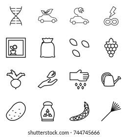 thin line icon set : dna, eco car, electric, infinity power, flower in window, flour, seeds, grape, beet, hand leaf, sow, watering can, potato, fertilizer, peas, rake