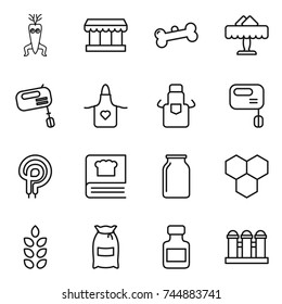 thin line icon set : dna modify, market, bone, restaurant, mixer, apron, elecric oven, cooking book, bank, honeycombs, spikelets, flour, pills bottle, grain elevator