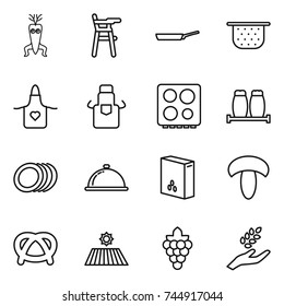 thin line icon set : dna modify, Chair for babies, pan, colander, apron, hob, salt pepper, plates, meal cap, cereals, mushroom, pretzel, field, grape, harvest