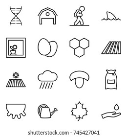 thin line icon set : dna, barn, tourist, shark flipper, flower in window, eggs, honeycombs, field, rain cloud, mushroom, flour, udder, watering can, maple leaf, hand and drop