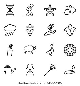 thin line icon set : dna, tourist, starfish, flippers, rain cloud, grape, harvest, corn, seedling, sheep, goose, flower, watering can, fertilizer, rake, hand and drop