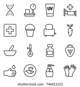 thin line icon set : dna, warehouse scales, uv cream, hospital, first aid, bucket, toaster, carrot, mortar, thermometer, pills bottle, strawberry, hand drop, ecology, liquid soap, gloves