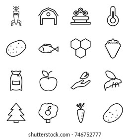 thin line icon set : dna modify, barn, flower bed, thermometer, potato, fish, honeycombs, berry, flour, apple, hand leaf, wasp, spruce, garden, carrot