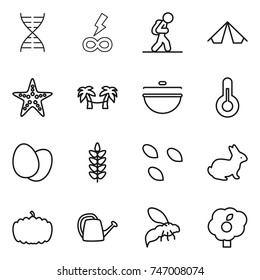 thin line icon set : dna, infinity power, tourist, tent, starfish, palm hammock, cauldron, thermometer, eggs, spikelets, seeds, rabbit, pumpkin, watering can, wasp, garden
