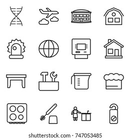 thin line icon set : dna, journey, airport building, house, alarm, globe, atm, home, table, repair tools, measuring cup, chief hat, hob, toilet brush, kitchen cleaning, do not distrub