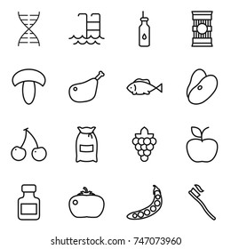 thin line icon set : dna, pool, vegetable oil, pasta, mushroom, chicken leg, fish, beans, cherry, flour, grape, apple, pills bottle, tomato, peas, tooth brush