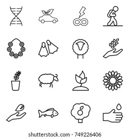 thin line icon set : dna, eco car, infinity power, tourist, hawaiian wreath, flippers, sheep, harvest, seedling, sprouting, flower, hand leaf, fish, garden, drop