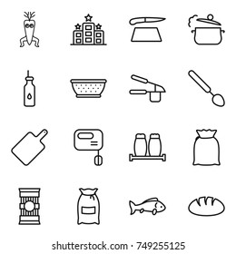thin line icon set : dna modify, hotel, cutting board, steam pan, vegetable oil, colander, garlic clasp, big spoon, mixer, salt pepper, flour, pasta, fish, bread