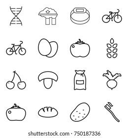 thin line icon set : dna, factory filter, smart bracelet, bike, eggs, tomato, spikelets, cherry, mushroom, flour, beet, bread, potato, tooth brush