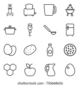 thin line icon set : dna modify, toaster, cup, bbq, pan, handle scales, ladle, fridge, eggs, potato, ketchup, cookies, honeycombs, apple, jug, egg