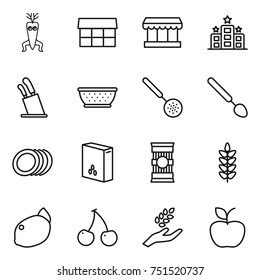 thin line icon set : dna modify, market, hotel, stands for knives, colander, skimmer, big spoon, plates, cereals, pasta, spikelets, lemon, cherry, harvest, apple