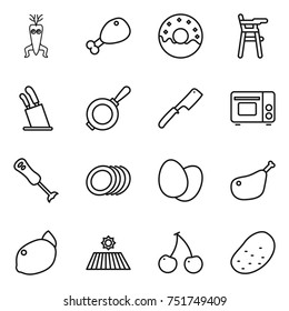 thin line icon set : dna modify, chicken leg, donut, Chair for babies, stands knives, pan, chef knife, grill oven, blender, plates, eggs, lemon, field, cherry, potato