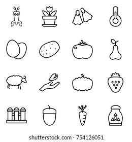 thin line icon set : dna modify, flower, flippers, thermometer, eggs, potato, tomato, pear, sheep, hand leaf, pumpkin, strawberry, grain elevator, acorn, carrot, fertilizer