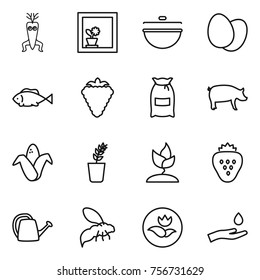 Thin line icon set : dna modify, flower in window, cauldron, eggs, fish, berry, flour, pig, corn, seedling, sprouting, strawberry, watering can, wasp, ecology, hand and drop