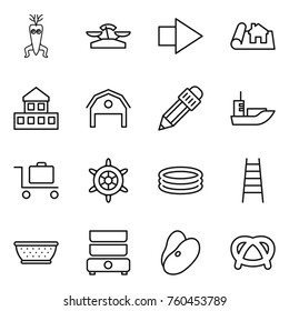 Thin line icon set : dna modify, scales, right arrow, project, cottage, barn, pencil, sea shipping, baggage trolley, handwheel, inflatable pool, stairs, colander, double boiler, beans, pretzel