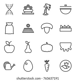 Thin line icon set : dna, flower bed, palm, cauldron, flour, field, mushroom, seedling, apple, pear, pumpkin, udder, watering can, egg, carrot, ecology