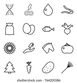 Thin line icon set : dna, infinity power, drop, walnut crack, flour, eggs, fish, beet, flower, hand leaf, horse, tomato, spruce, carrot, potato, rake