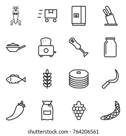 Thin line icon set : dna modify, fast deliver, fridge, stands for knives, pan, toaster, blender, bank, fish, spikelets, pancakes, sickle, hot pepper, flour, grape, peas