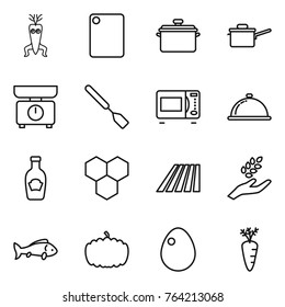 Thin line icon set : dna modify, cutting board, pan, saute, kitchen scales, spatula, microwave oven, meal cap, ketchup, honeycombs, field, harvest, fish, pumpkin, egg, carrot