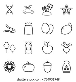 Thin line icon set : dna, eco car, island, starfish, walnut crack, flour, eggs, lemon, trees, apple, beet, flower, tomato, acorn, fertilizer