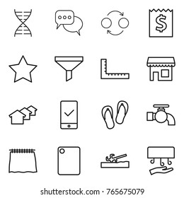 Thin line icon set : dna, discussion, quantum bond, receipt, star, funnel, ruler, shop, houses, mobile checking, flip flops, water tap, curtain, cutting board, soil cutter, hand dryer