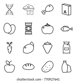 Thin line icon set : dna, factory filter, chicken leg, cereals, eggs, pasta, tomato, fish, carrot, lemon, berry, flour, apple, bread, potato, shampoo