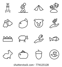 Thin line icon set : dna modify, tourist, tent, island, flippers, lemon, pig, harvest, seedling, sheep, hand leaf, fish, rabbit, tomato, acorn, ecology