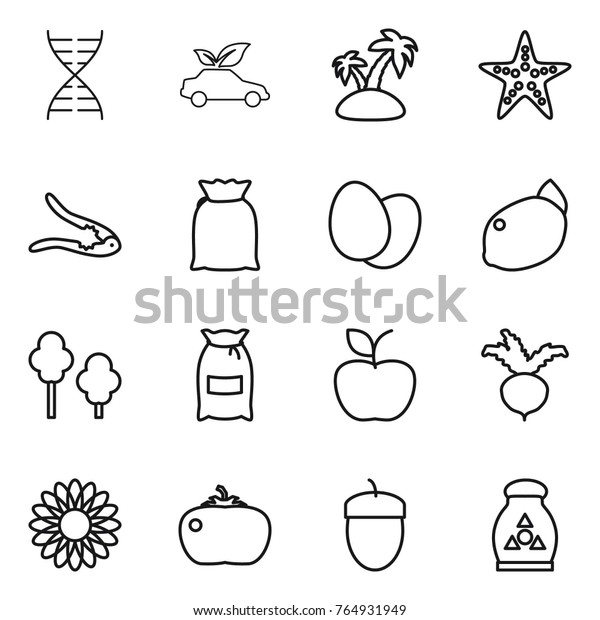 Thin line icon set : dna, eco car, island,\
starfish, walnut crack, flour, eggs, lemon, trees, apple, beet,\
flower, tomato, acorn,\
fertilizer