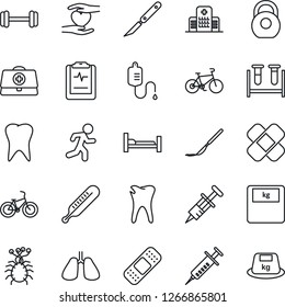 Thin Line Icon Set - doctor case vector, syringe, blood test vial, dropper, thermometer, scales, scalpel, patch, barbell, bike, run, hospital bed, heart hand, lungs, tooth, caries, pulse clipboard