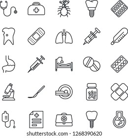 Thin Line Icon Set - doctor case vector, diagnosis, stethoscope, syringe, dropper, thermometer, microscope, pills, bottle, blister, scalpel, patch, tomography, hospital bed, stomach, lungs, caries