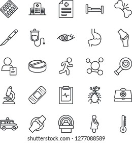 Thin Line Icon Set - doctor case vector, diagnosis, dropper, heart diagnostic, microscope, pills, blister, scalpel, patch, tomography, ambulance car, run, hospital bed, stomach, eye, joint, patient