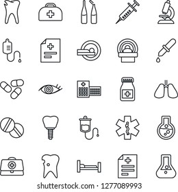 Thin Line Icon Set - doctor case vector, diagnosis, syringe, dropper, microscope, pills, bottle, ampoule, tomography, ambulance star, hospital bed, lungs, caries, implant, eye, flask