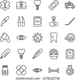 Thin Line Icon Set - doctor case vector, dropper, thermometer, pills, bottle, ampoule, scalpel, patch, tomography, ambulance star, car, hospital bed, caries, implant, eye, pulse clipboard, virus