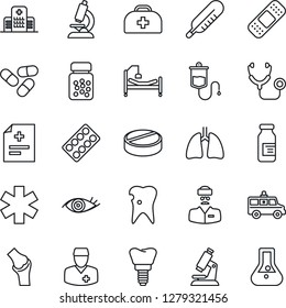 Thin Line Icon Set - doctor case vector, diagnosis, stethoscope, dropper, thermometer, microscope, pills, bottle, blister, ampoule, patch, ambulance star, car, hospital bed, lungs, caries, implant