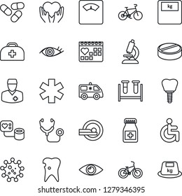 Thin Line Icon Set - doctor case vector, stethoscope, blood pressure, test vial, microscope, scales, pills, bottle, tomography, ambulance star, car, bike, disabled, heart hand, caries, implant, eye